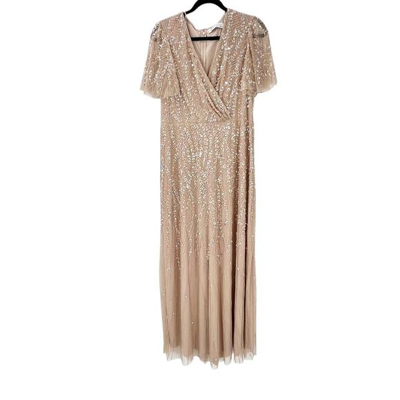 Mac Duggal Embellished Flutter Sleeve Wedding Guest Maxi Gown Nude Size 12 NWT - Picture 13 of 13